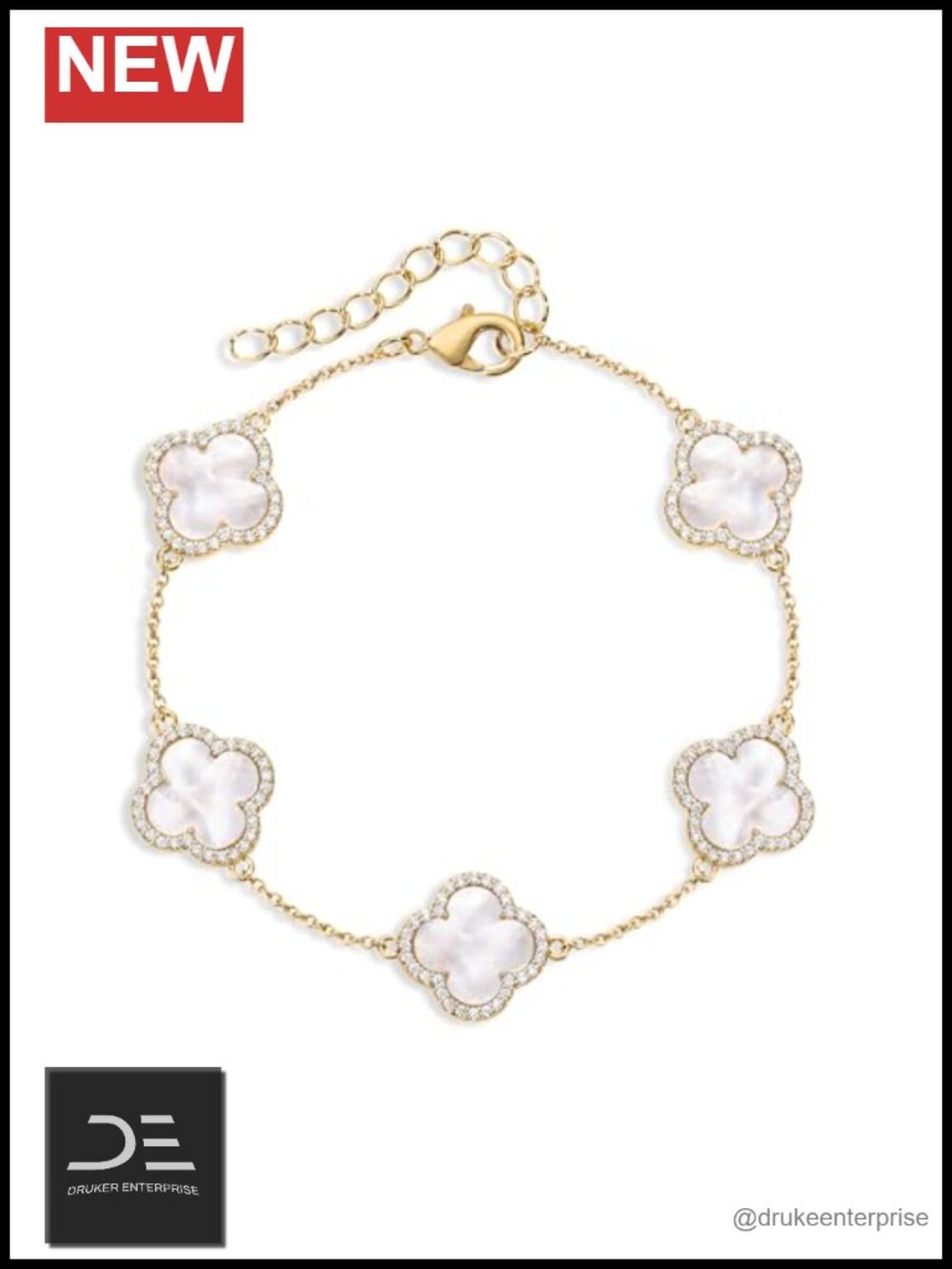 14k Gold Plated Clover Charm Bracelet, Adjustable Link Chain, Dainty